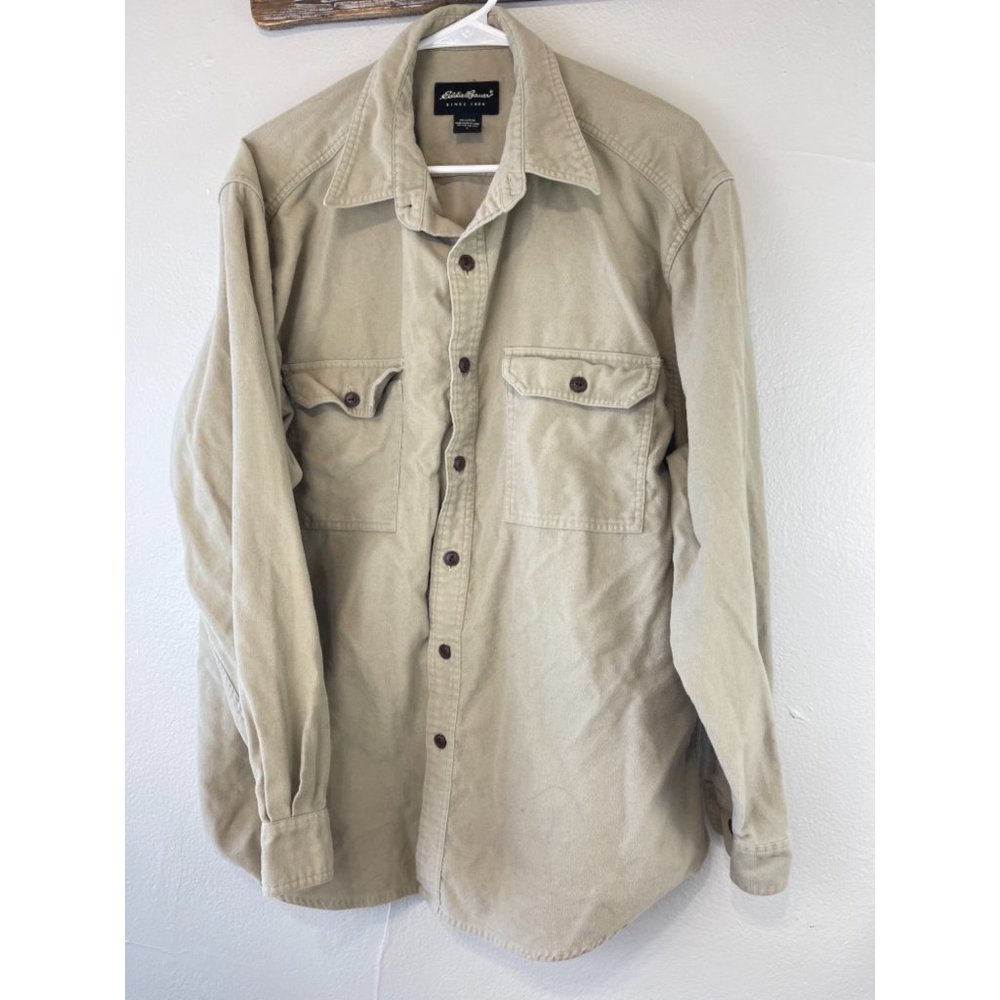 Men's Eddie Bauer Large Button Up Shirt Tan 100% Cotton Thick Flannel Jacket